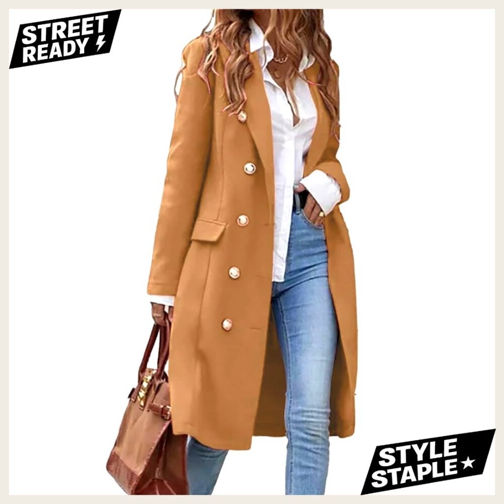 Long Wool Pea Coat Double Breasted Knee Length Classic Fit